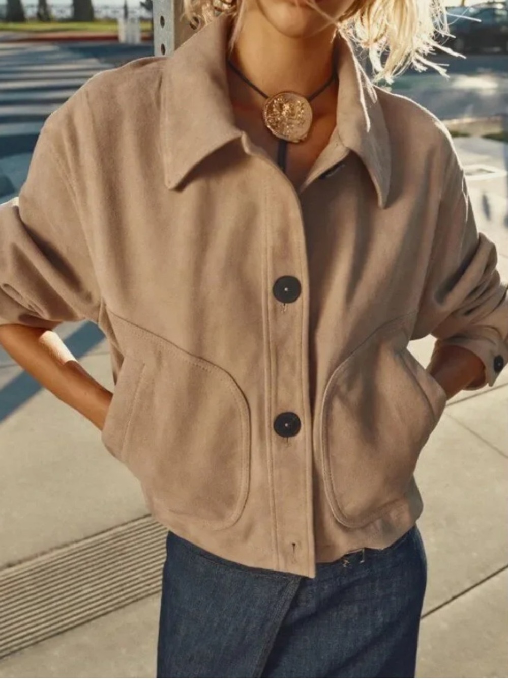 Zara Womens Leather Cropped Jacket Suede Beige Tan 4720/200 NWT